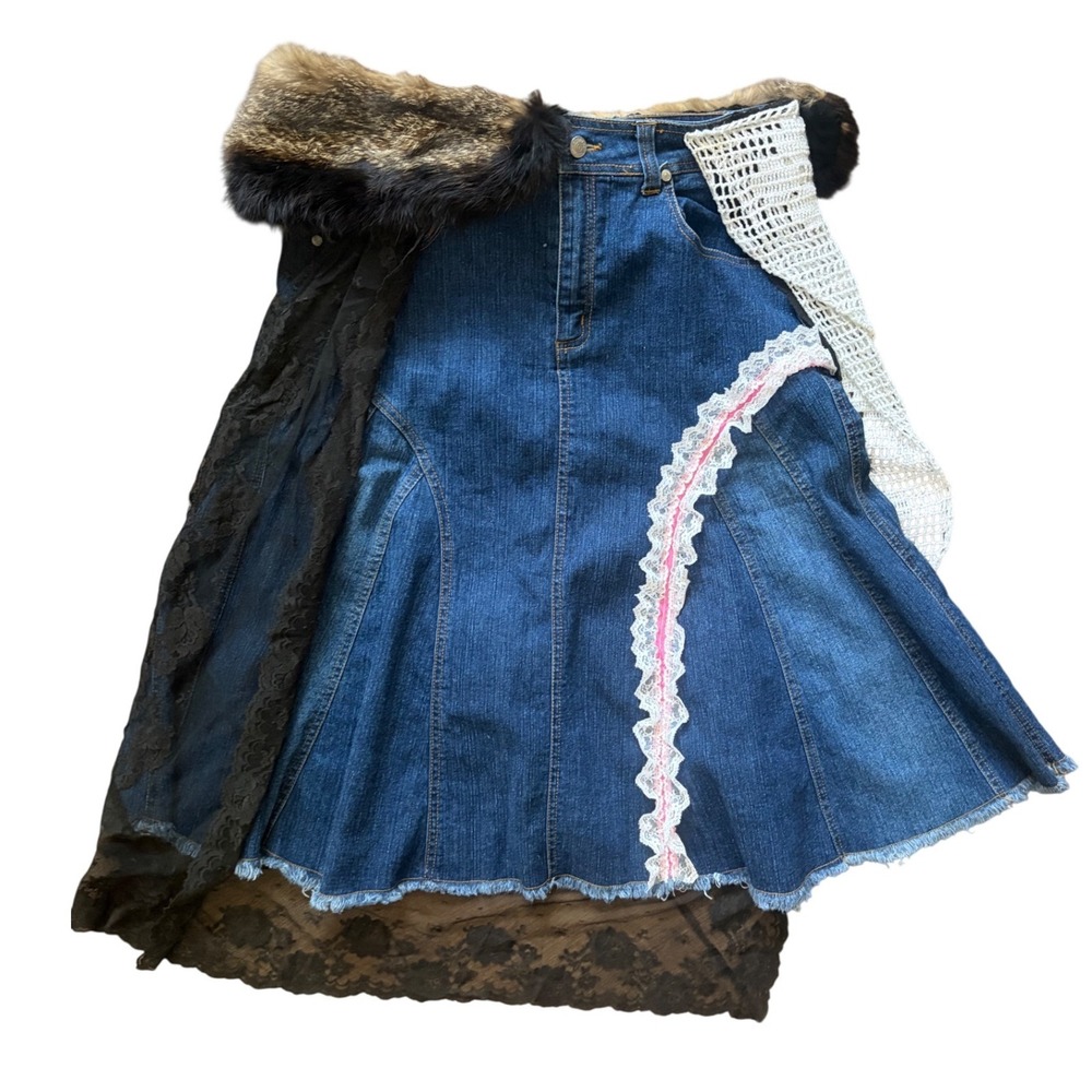 Custom Reworked Denim Skirt Fur Lace Crochet Boho Mixed Media Blue Size 13/14